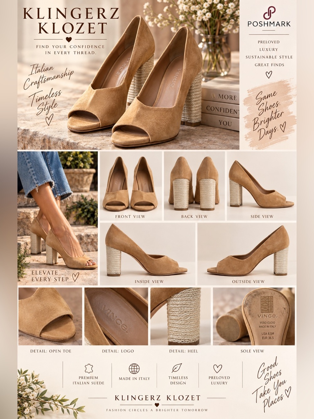 Vince Made in Italy Suede Peep Toe Espadrille Block Heels Tan 6.5M